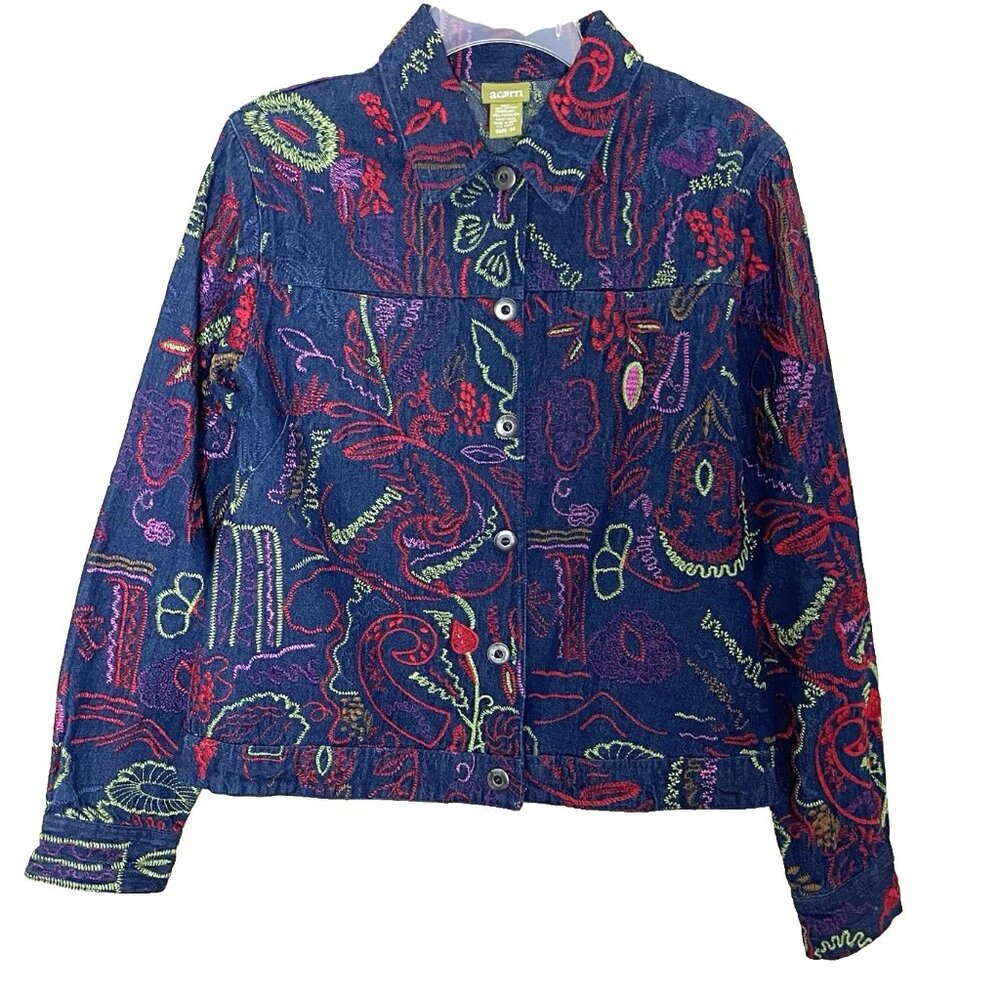 Acorn Denim Embroidered Jacket Women's Medium Art To Wear Artsy